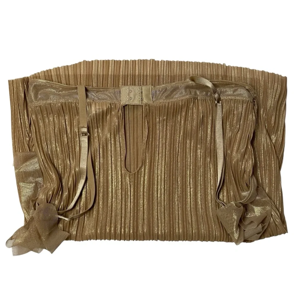 Rampage Gold Shimmer Pleated Chemise Mini Dress Rhinestone Bow Straps‎ Y2K Sz S